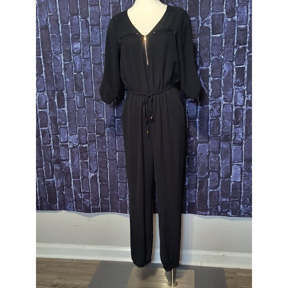 Tempted Los Angeles V-Neck Jumpsuit Women's Size Large Black Roll Tab 3/4 Sleeve